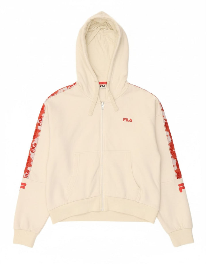 FILA Womens Oversized Graphic Zip Hoodie Sweater UK 10 Small Off White