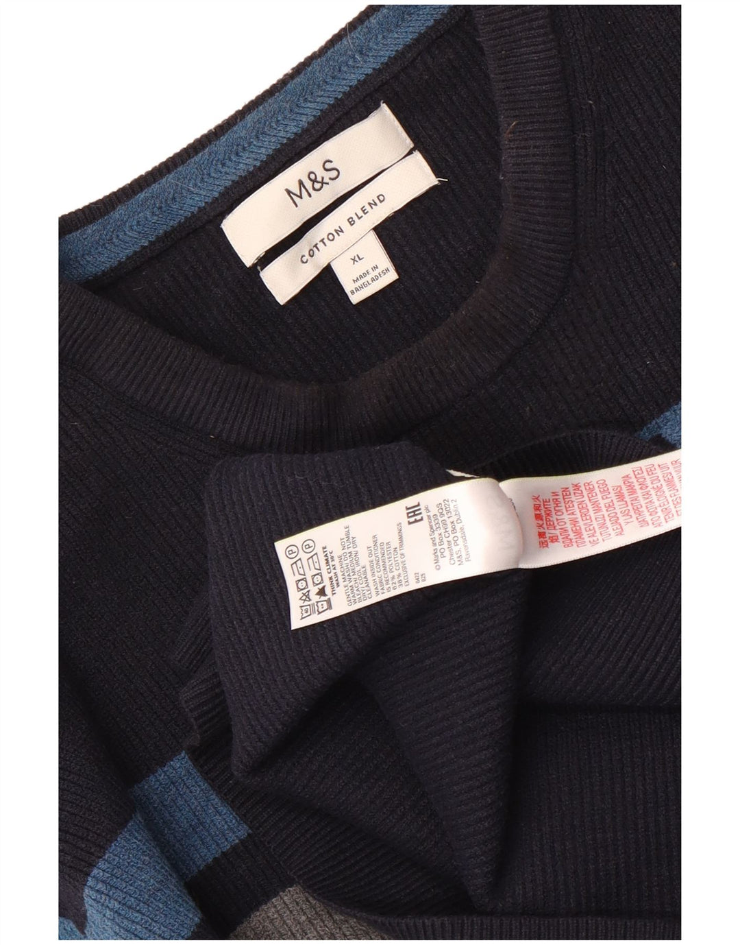 Marks & Spencer Mens Crew Neck Jumper Sweater XL Navy Blue Striped