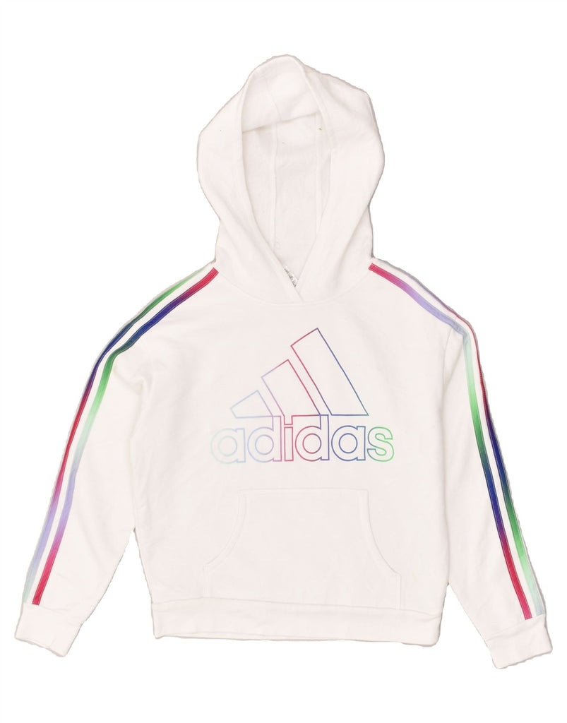 ADIDAS Girls Graphic Hoodie Jumper 13-14 Years Large White Striped Cotton | Vintage Adidas | Thrift | Second-Hand Adidas | Used Clothing | Messina Hembry 