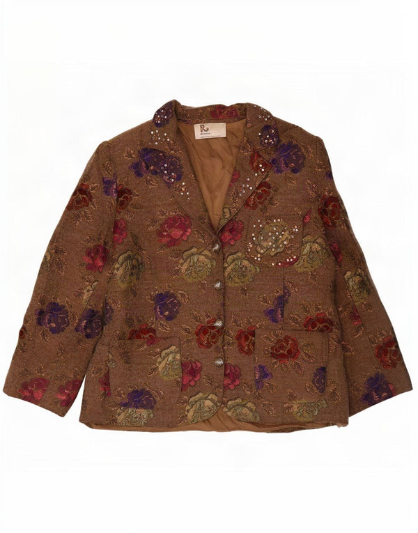 Romano Womens 4 Button Blazer Jacket UK 16 Large Brown Floral Acetate