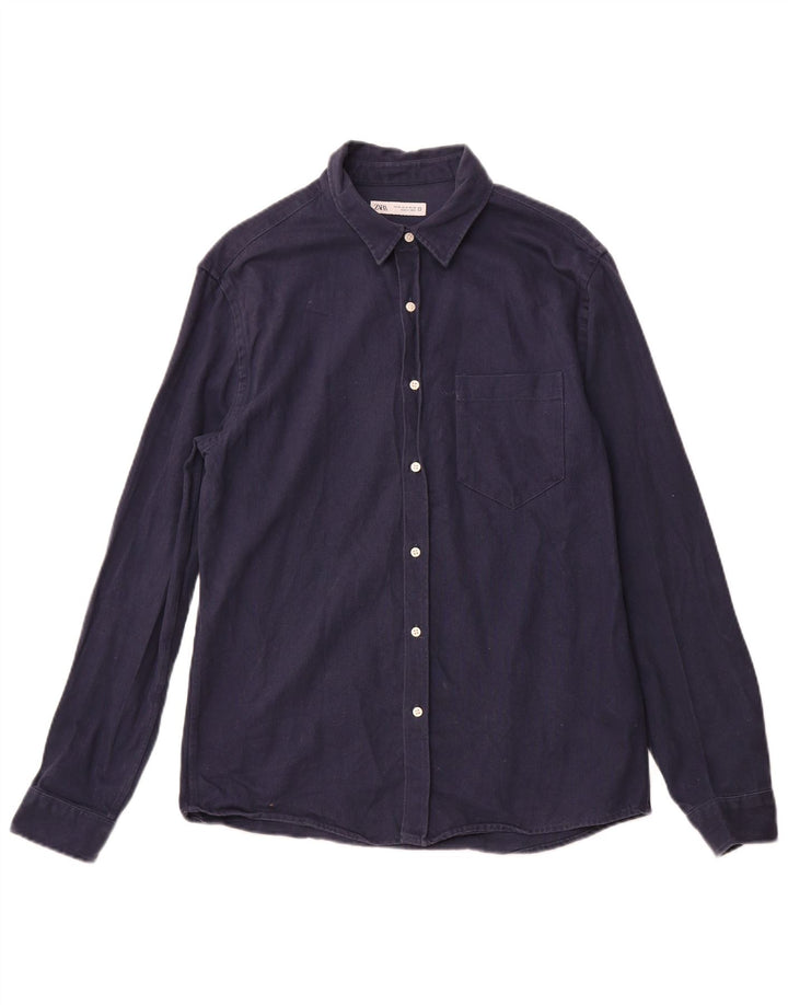 ZARA Mens Flannel Shirt Medium Navy Blue Cotton