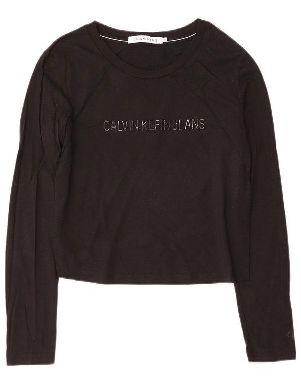 Calvin Klein Jeans Womens Crop Graphic Top Long Sleeve UK 12 Medium Black