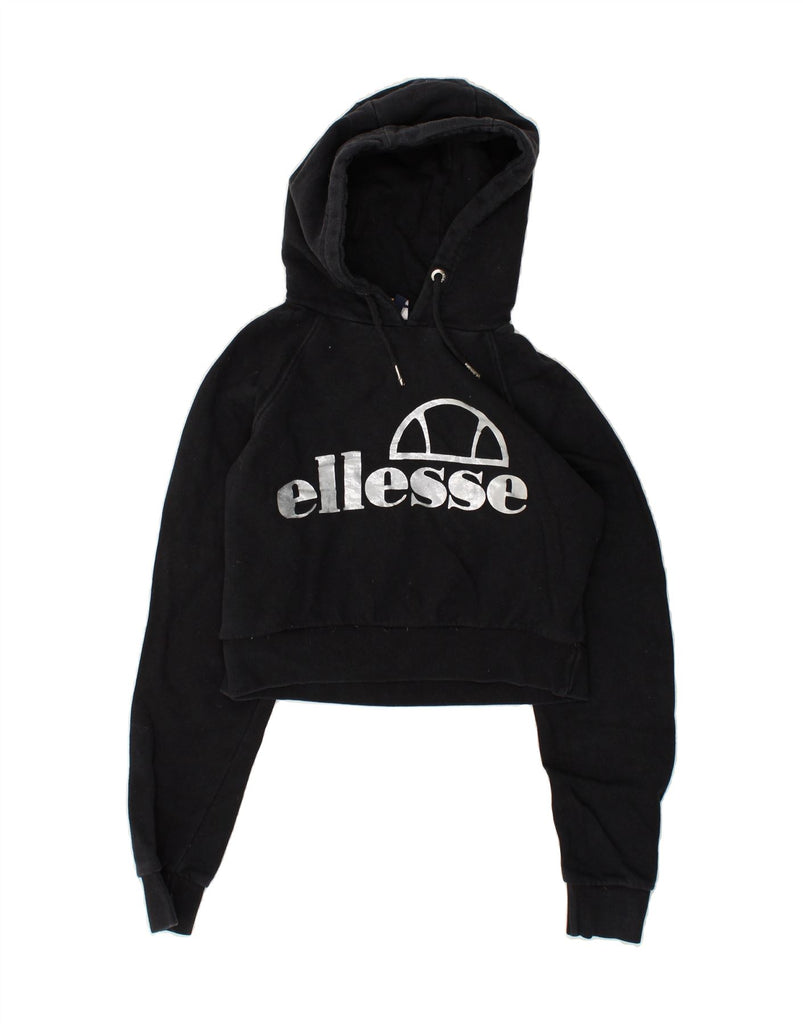 ELLESSE Womens Graphic Crop Hoodie Jumper UK 10 Small Black | Vintage Ellesse | Thrift | Second-Hand Ellesse | Used Clothing | Messina Hembry 