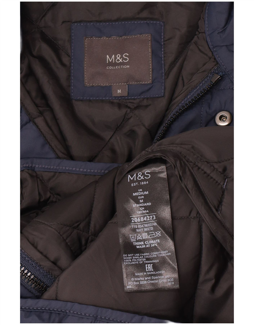Marks & Spencer Mens Quilted Jacket UK 38 Medium Navy Blue Polyester