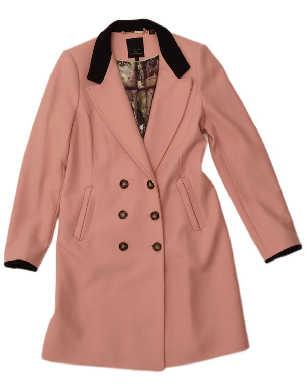 TED BAKER Womens Double Breasted Coat Size 3 Medium Pink Virgin Wool