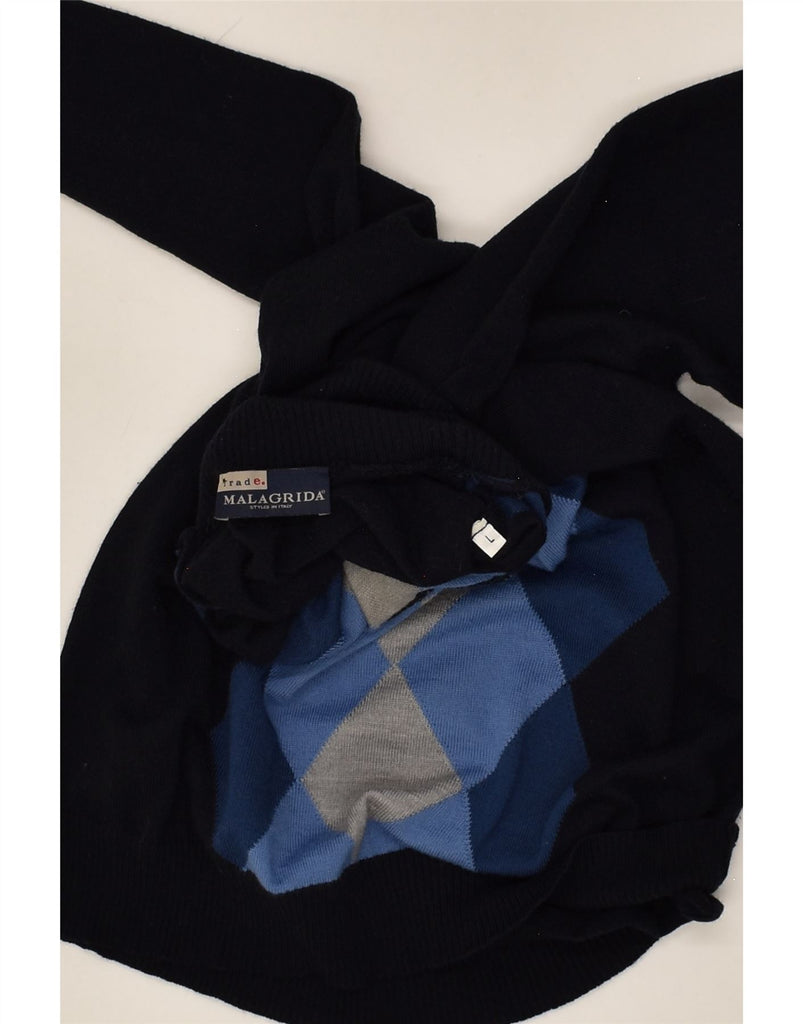 MALAGRIDA Mens Roll Neck Jumper Sweater Large Navy Blue Argyle/Diamond | Vintage Malagrida | Thrift | Second-Hand Malagrida | Used Clothing | Messina Hembry 