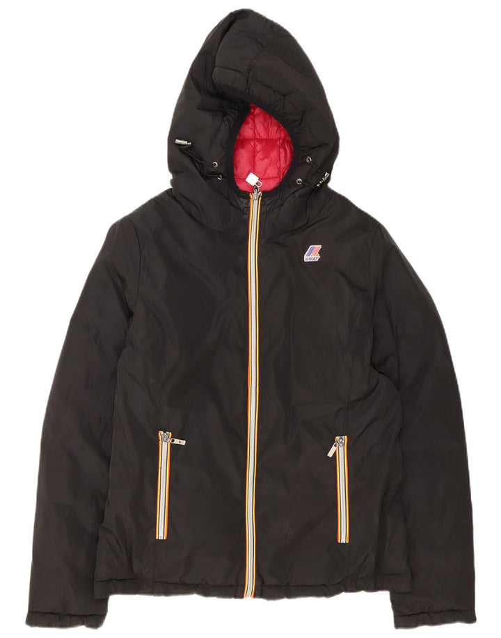 K-Way Womens Hooded Reversible Padded Jacket UK 14 Large Black Nylon