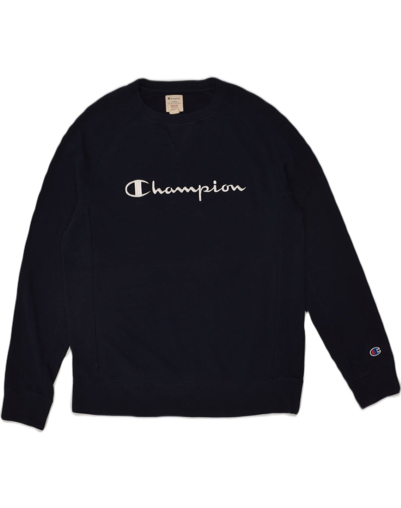 CHAMPION Mens Graphic Sweatshirt Jumper Medium Navy Blue Cotton | Vintage Champion | Thrift | Second-Hand Champion | Used Clothing | Messina Hembry 