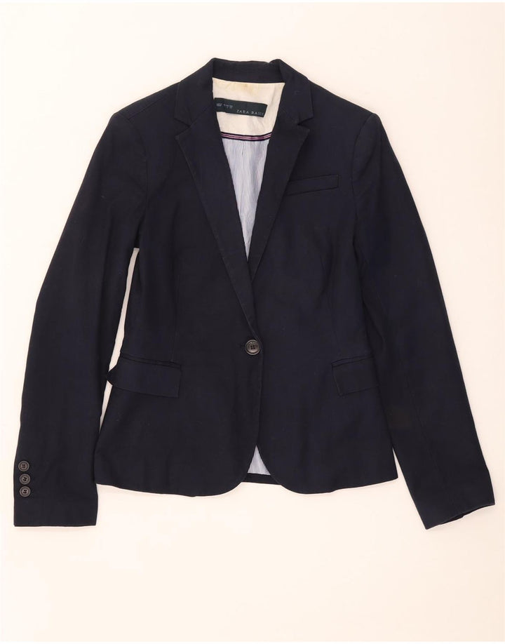 Zara Womens 1 Button Blazer Jacket UK 8 Small Navy Blue Cotton