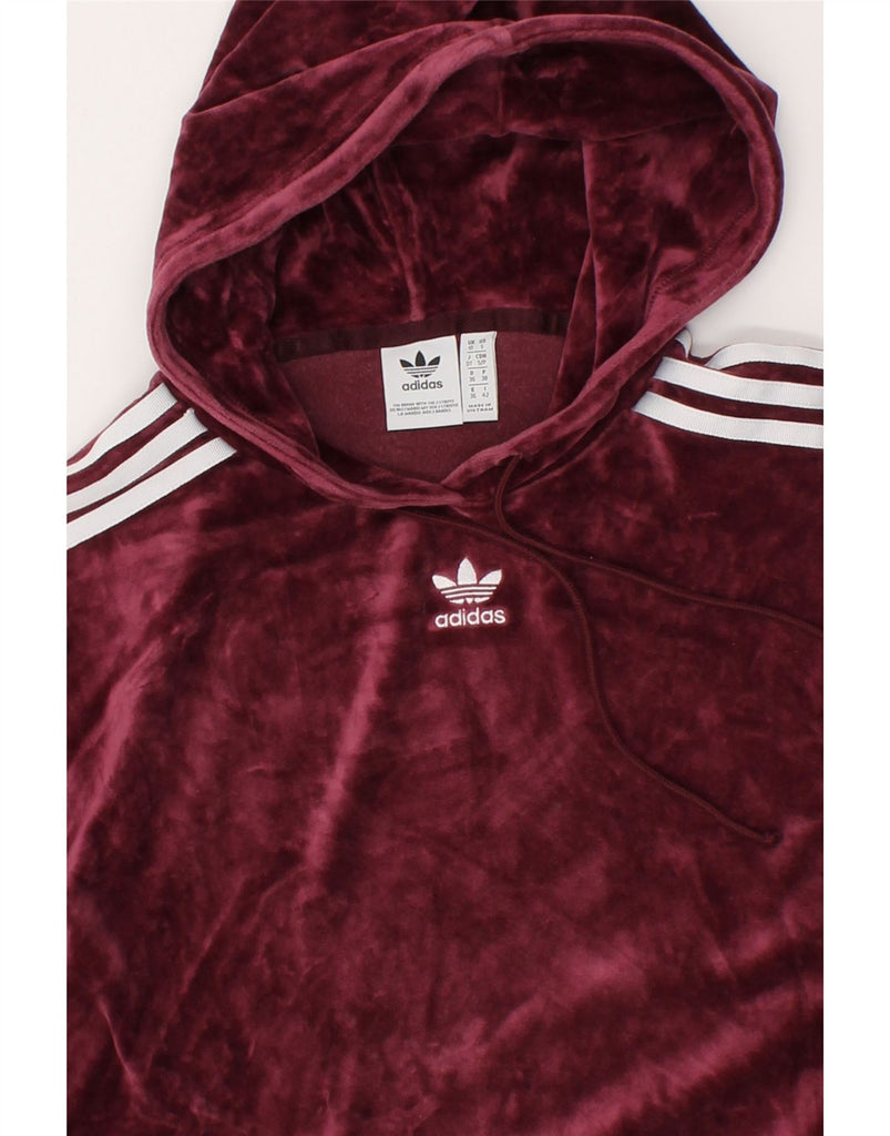 ADIDAS Womens Velour Crop Hoodie Jumper UK 10 Small  Burgundy Cotton | Vintage Adidas | Thrift | Second-Hand Adidas | Used Clothing | Messina Hembry 