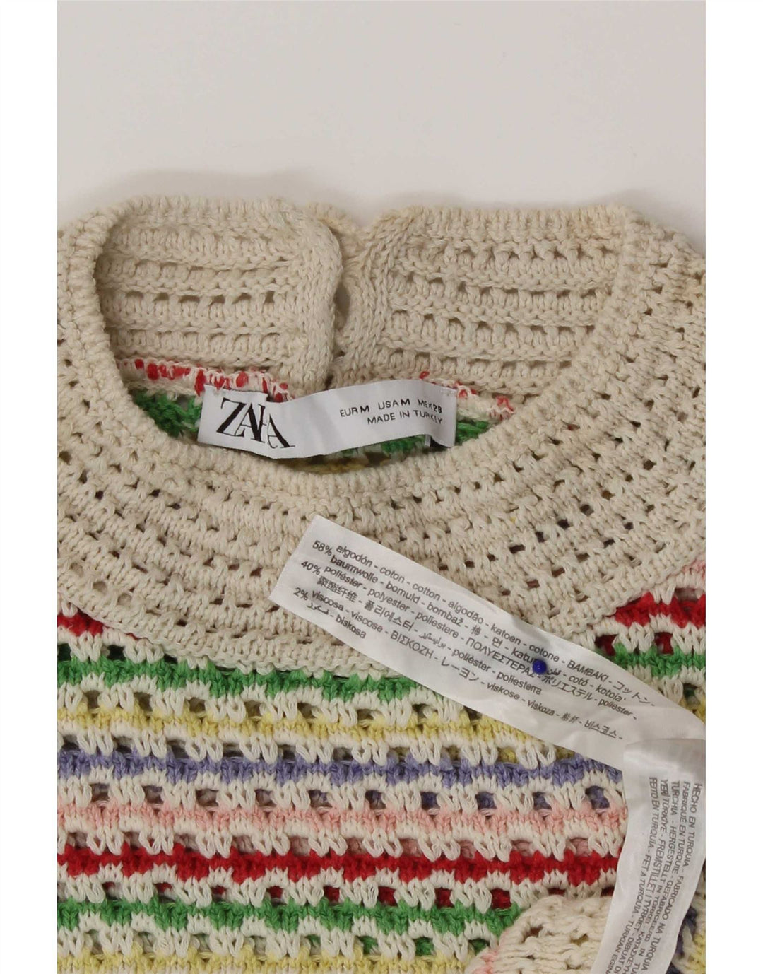Zara Womens Crochet Crop Top UK 12 Medium Multicoloured Striped Cotton