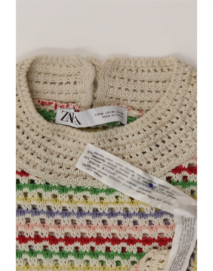 Zara Womens Crochet Crop Top UK 12 Medium Multicoloured Striped Cotton