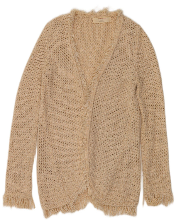 Zara Womens Longline Open Cardigan Sweater UK 14 Medium Beige Cotton