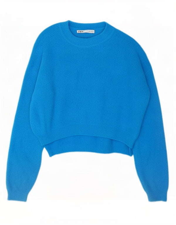 Zara Womens Crop Oversized Crew Neck Jumper Sweater UK 10 Small Blue Nylon