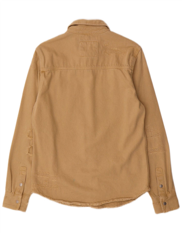 Zara Mens Distressed Relaxed Fit Denim Shirt Small Beige Cotton