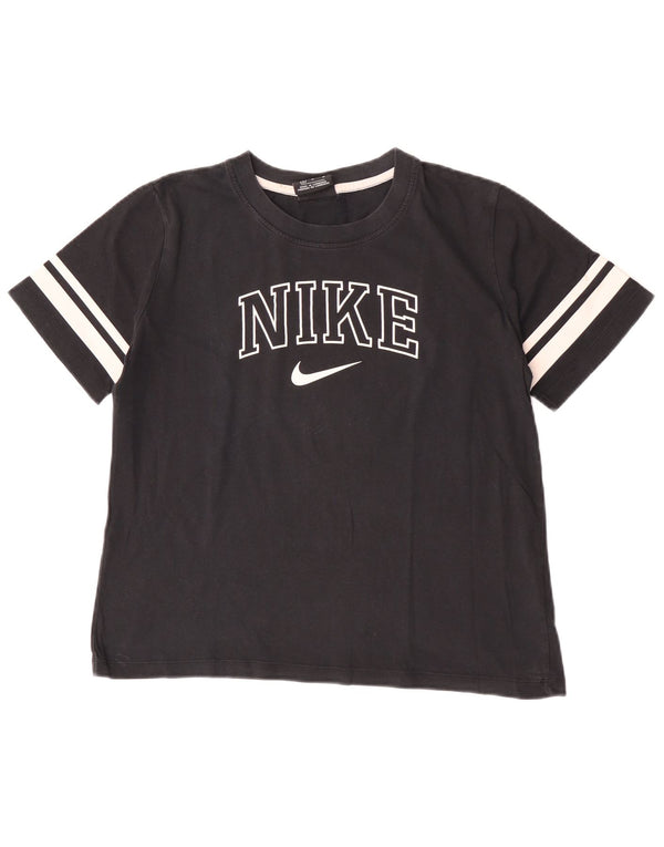Nike Womens Crop Graphic T-Shirt Top UK 14 Medium Black Colourblock Cotton