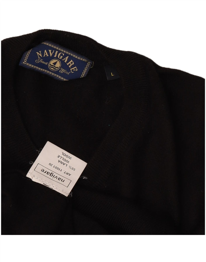 Navigare Mens V-Neck Jumper Sweater Large Black Wool