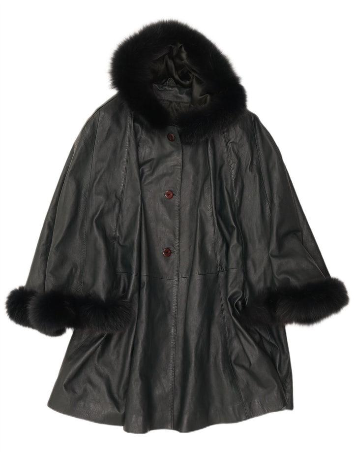 SAKI Womens Hooded Leather Poncho Coat UK 10 Small Green Leather