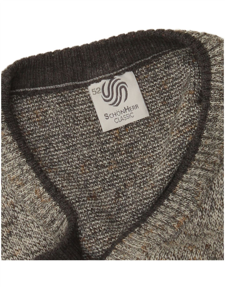 VINTAGE Mens V-Neck Jumper Sweater IT 52 Large Grey Geometric Wool