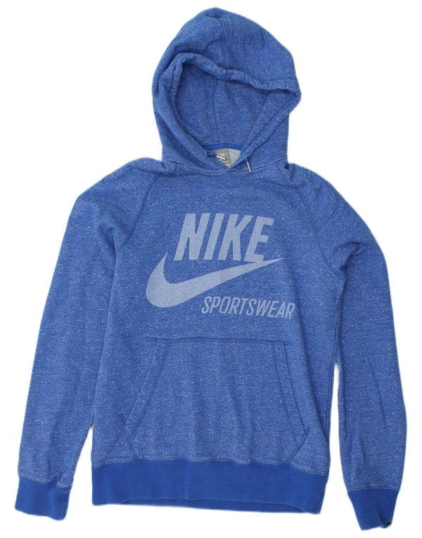 NIKE Womens Graphic Hoodie Jumper UK 10 Small Blue Flecked Cotton