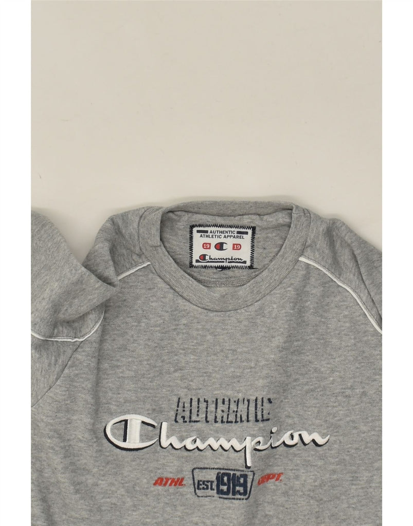 CHAMPION Girls Crop Graphic Sweatshirt Jumper 10-11 Years Grey Colourblock | Vintage Champion | Thrift | Second-Hand Champion | Used Clothing | Messina Hembry 