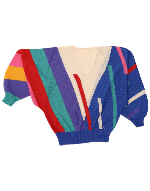 Vintage Womens V-Neck Jumper Sweater UK 16 Large Multicoloured Colourblock