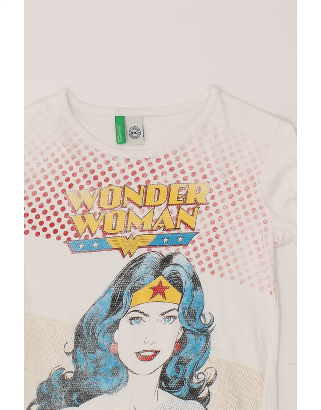BENETTON Girls Graphic Top Long Sleeve 7-8 Years White Vintage Benetton and Second-Hand Benetton from Messina Hembry 
