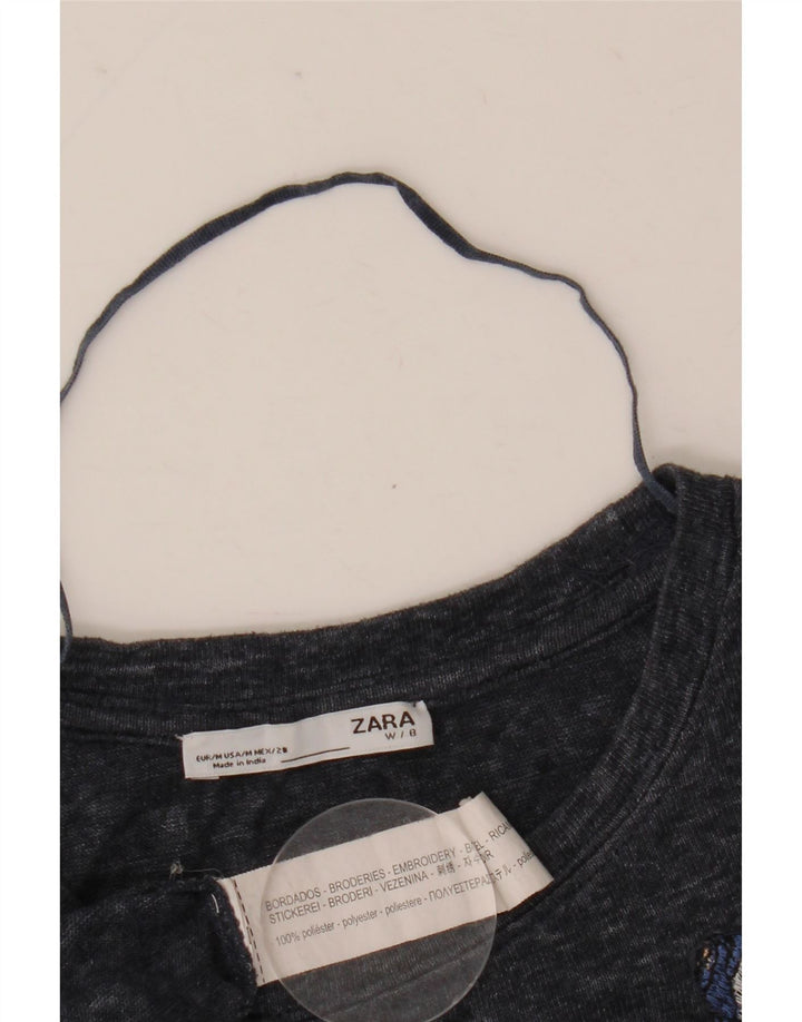 Zara Womens Oversized Graphic T-Shirt Top UK 14 Medium Navy Blue Flower