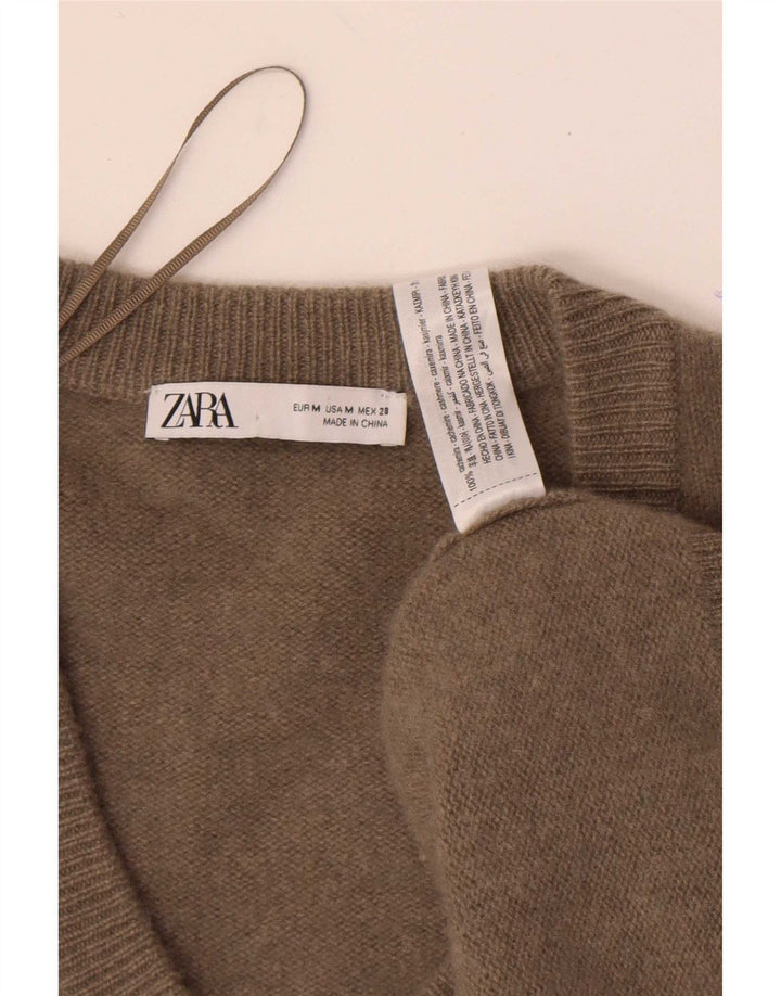 Zara Womens Oversized V-Neck Jumper Sweater UK 14 Medium Khaki Cashmere