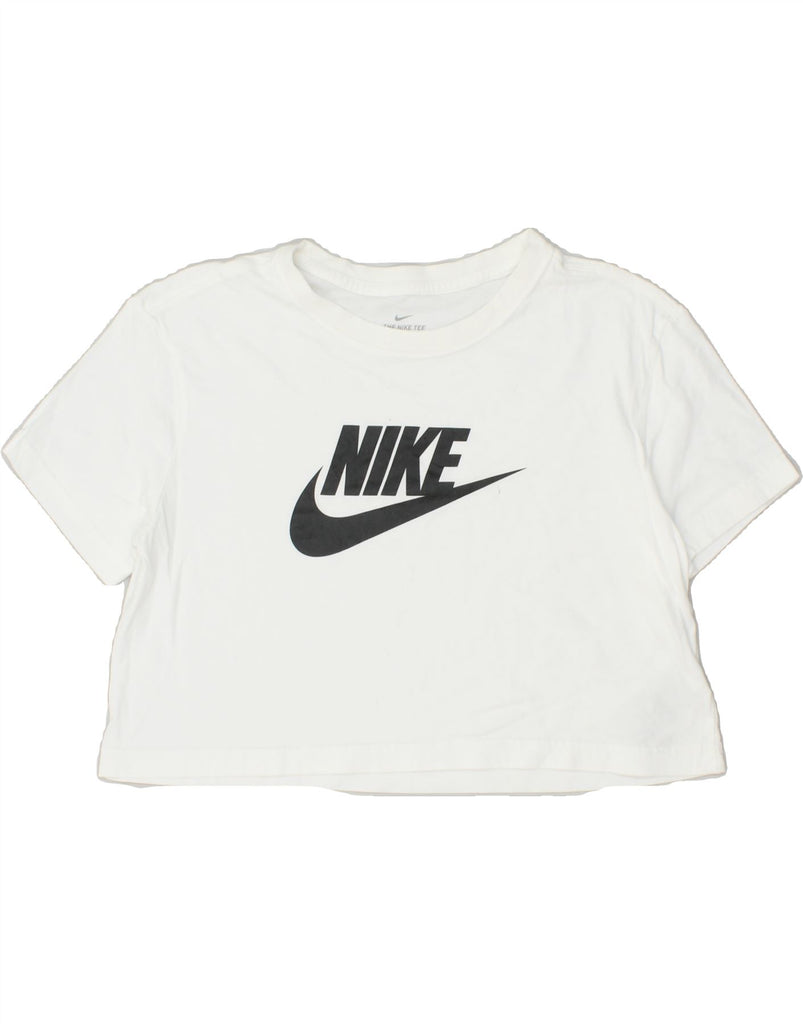 NIKE Womens Crop Graphic T-Shirt Top UK 14 Medium White Cotton | Vintage Nike | Thrift | Second-Hand Nike | Used Clothing | Messina Hembry 