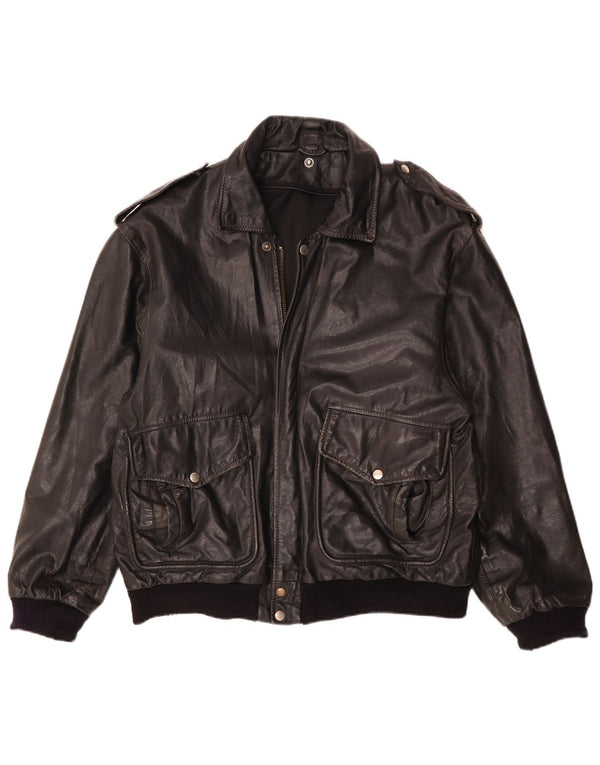 Vintage Mens Military Leather Jacket IT 50 Large Black Leather