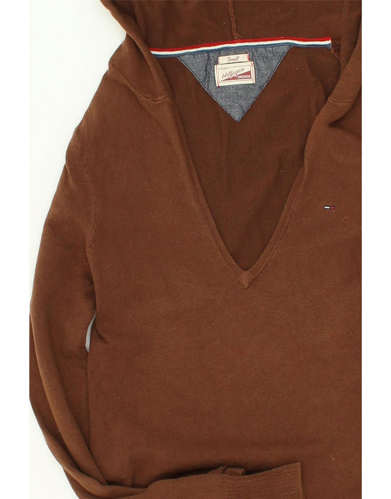 TOMMY HILFIGER Womens Hooded V-Neck Jumper Sweater UK 8 Small Brown Cotton Vintage Tommy Hilfiger and Second-Hand Tommy Hilfiger from Messina Hembry 