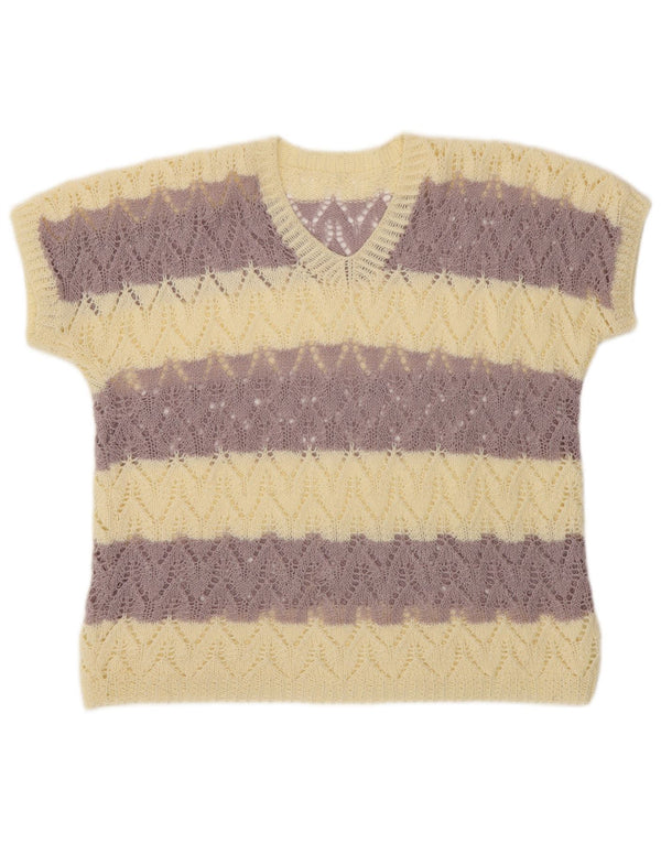 VINTAGE Womens Crop Short Sleeve V-Neck Jumper Sweater UK 16 Large Purple