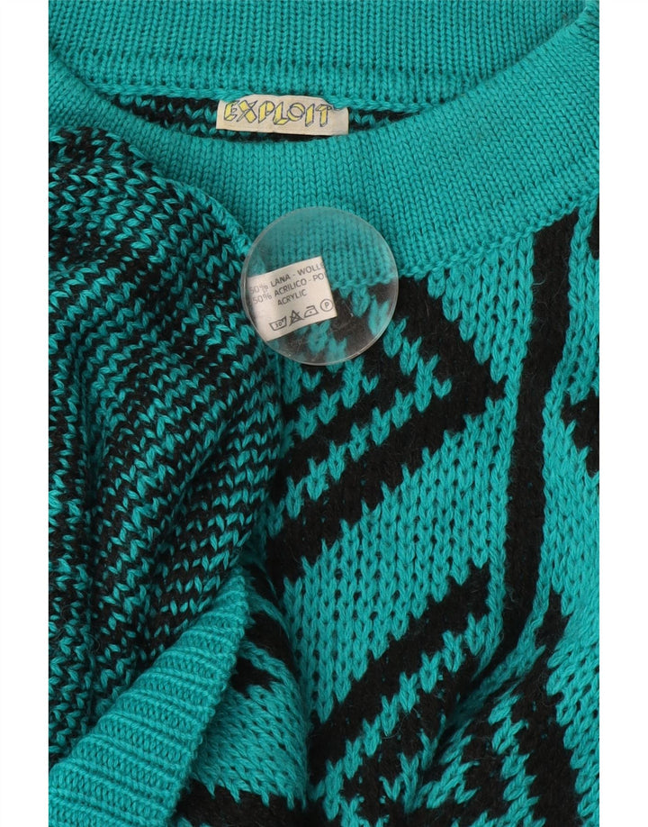 Vintage Mens Turtle Neck Jumper Sweater Large Turquoise Geometric Wool