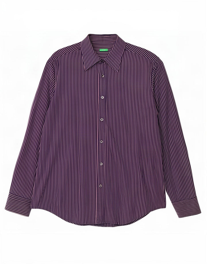 Benetton Mens Shirt XL Navy Blue Pinstripe Cotton