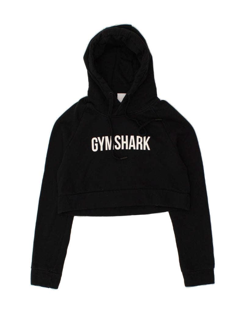 GYMSHARK Womens Crop Graphic Hoodie Jumper UK 8 Small Black Cotton | Vintage Gymshark | Thrift | Second-Hand Gymshark | Used Clothing | Messina Hembry 