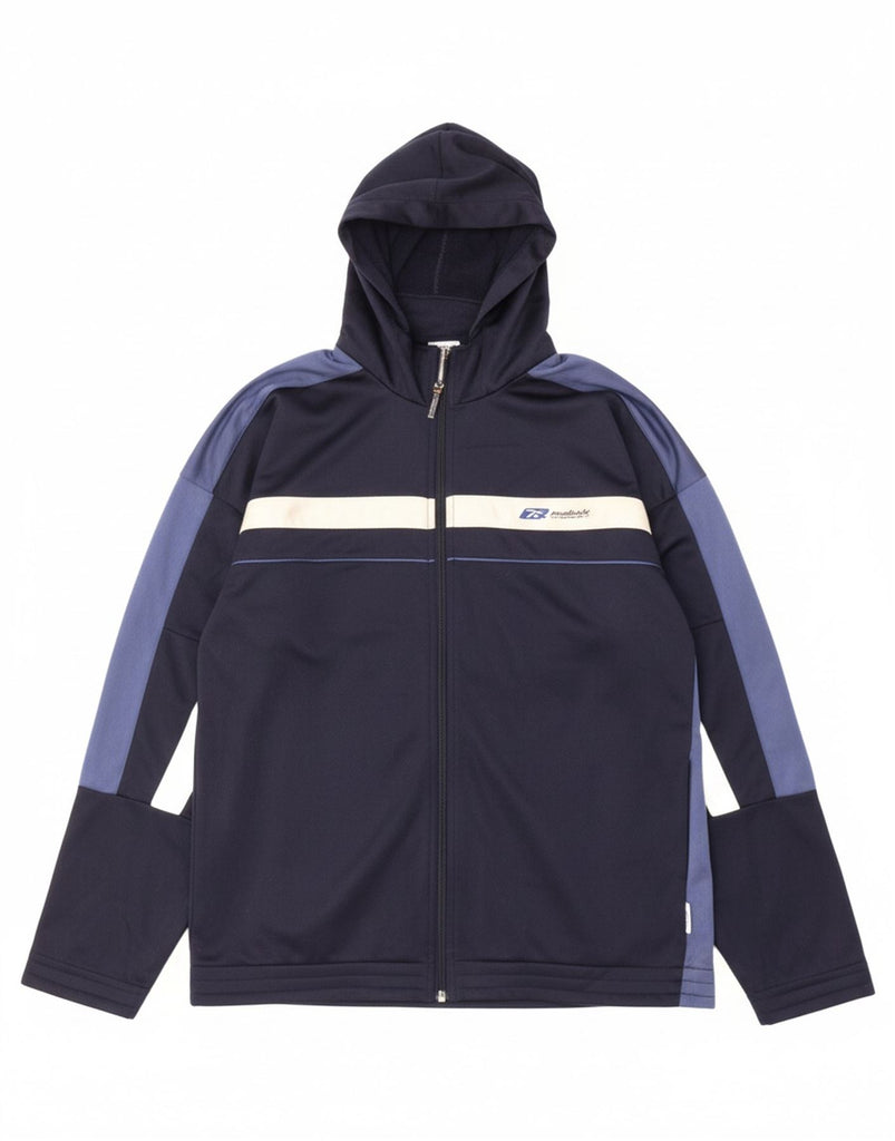 REEBOK Mens Graphic Zip Hoodie Sweater Small Navy Blue Colourblock Vintage Reebok and Second-Hand Reebok from Messina Hembry 