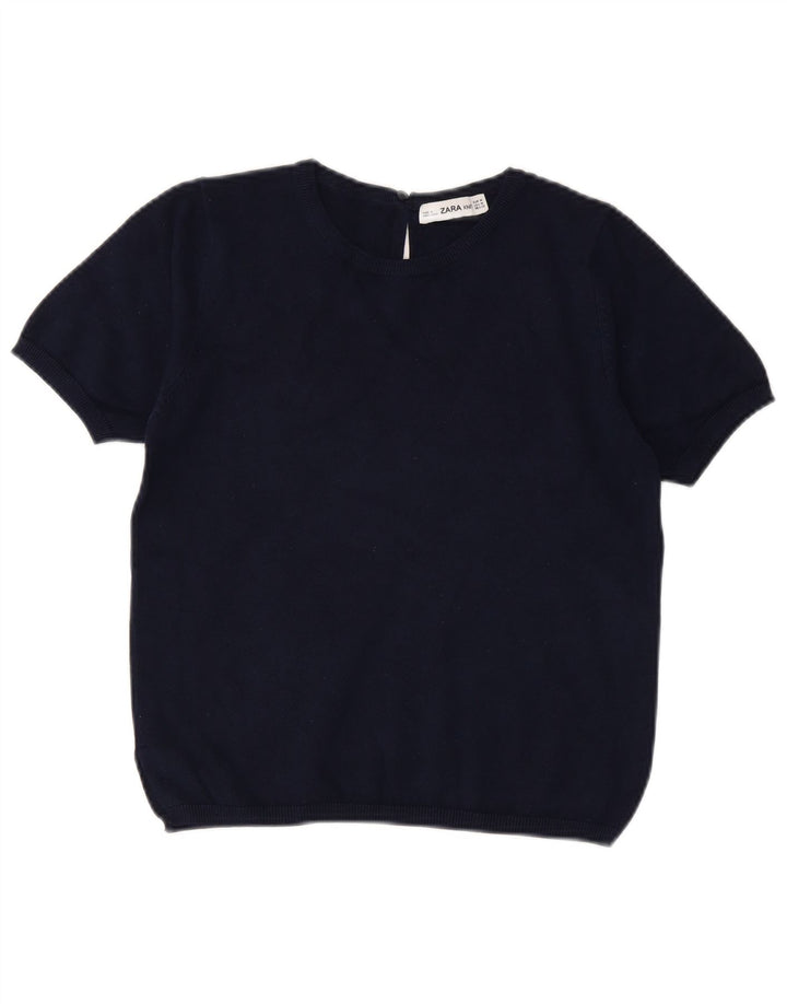 Zara Womens Crop Crew Neck Jumper Sweater UK 12 Medium Navy Blue