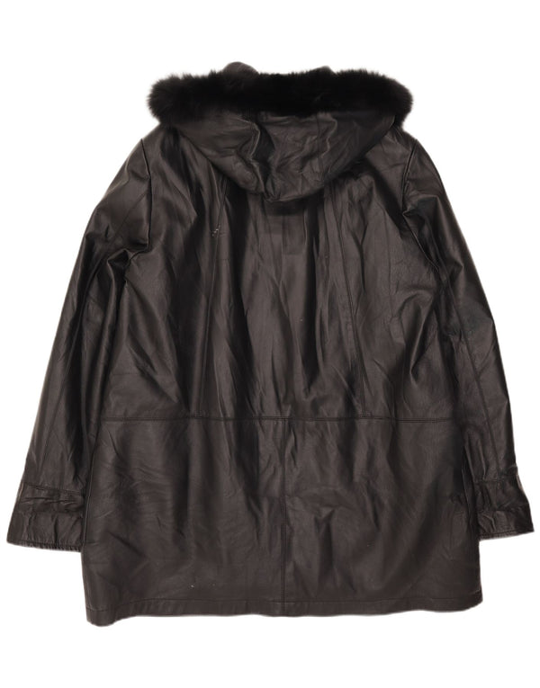 Oviesse Womens Hooded Leather Coat IT 52 2XL Black