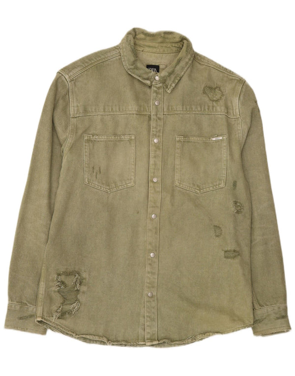 Zara Mens Distressed Relaxed Fit Denim Shirt XL Green Cotton
