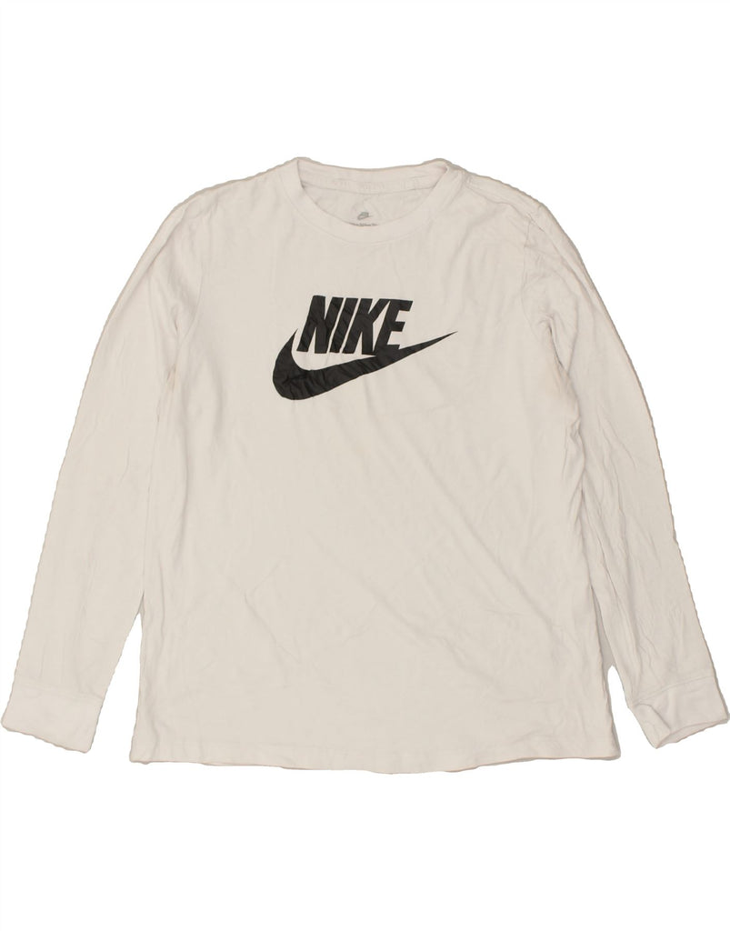 NIKE Womens Graphic Top Long Sleeve UK 16 Large Off White Cotton | Vintage Nike | Thrift | Second-Hand Nike | Used Clothing | Messina Hembry 