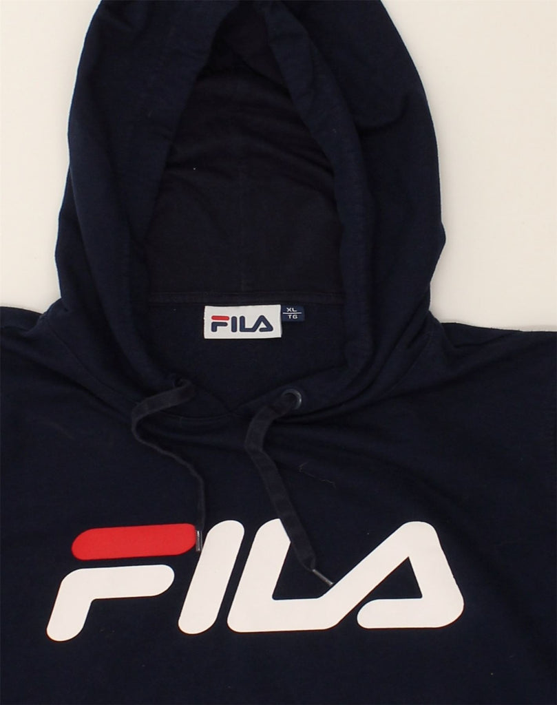 FILA Womens Tall Graphic Hoodie Jumper UK 18 XL Navy Blue Cotton | Vintage Fila | Thrift | Second-Hand Fila | Used Clothing | Messina Hembry 