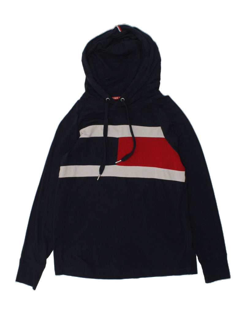 TOMMY HILFIGER Womens Graphic Hoodie Jumper UK 6 XS Navy Blue Colourblock | Vintage Tommy Hilfiger | Thrift | Second-Hand Tommy Hilfiger | Used Clothing | Messina Hembry 