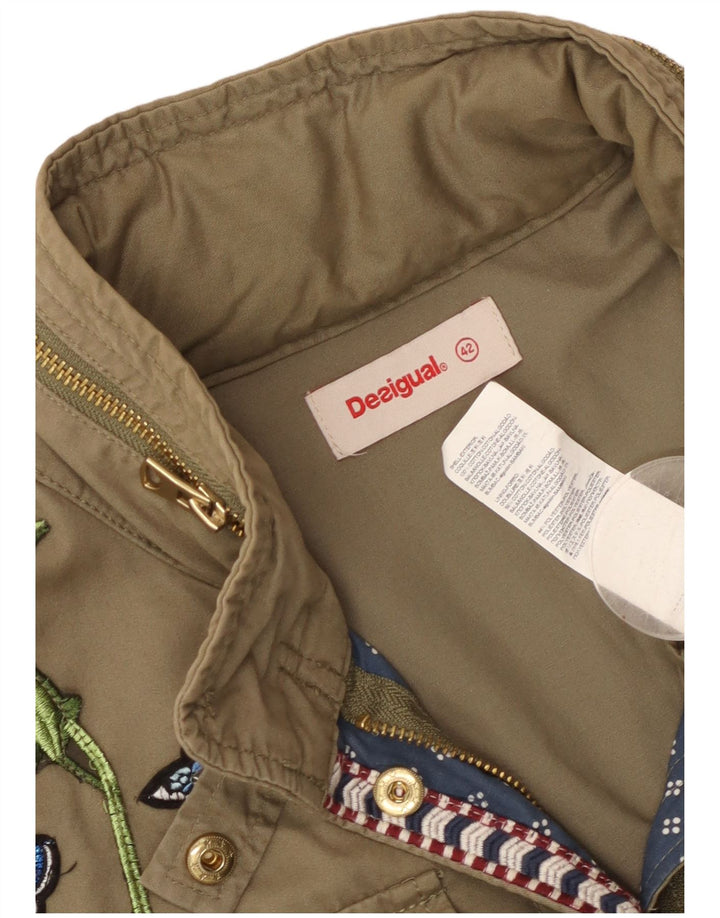 DESIGUAL Womens Graphic Military Jacket EU 42 Large Khaki Cotton Butterfly