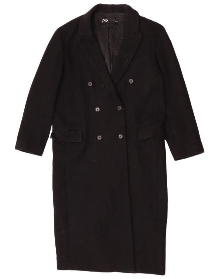 Zara Womens Double Breasted Coat UK 14 Medium Black Wool