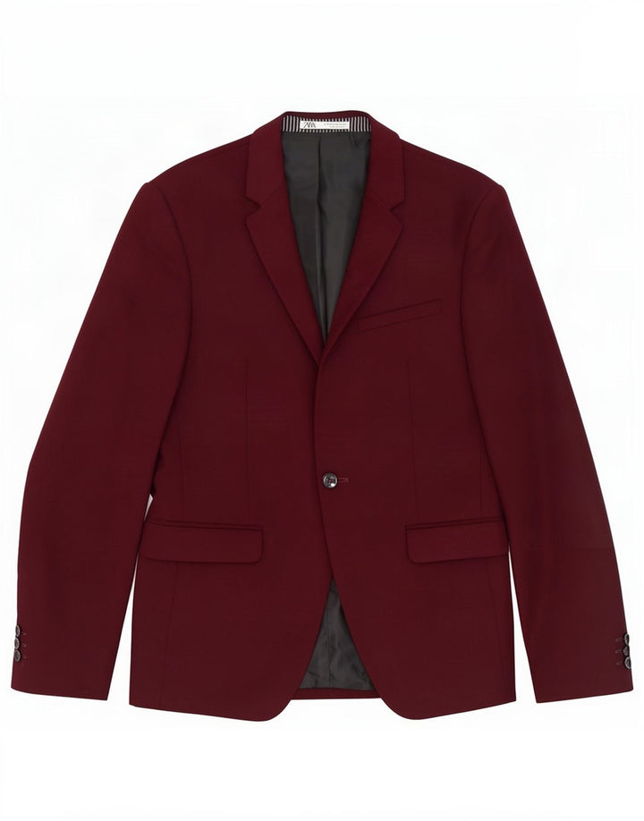 Zara Mens 1 Button Blazer Jacket EU 48 Medium Burgundy Polyester