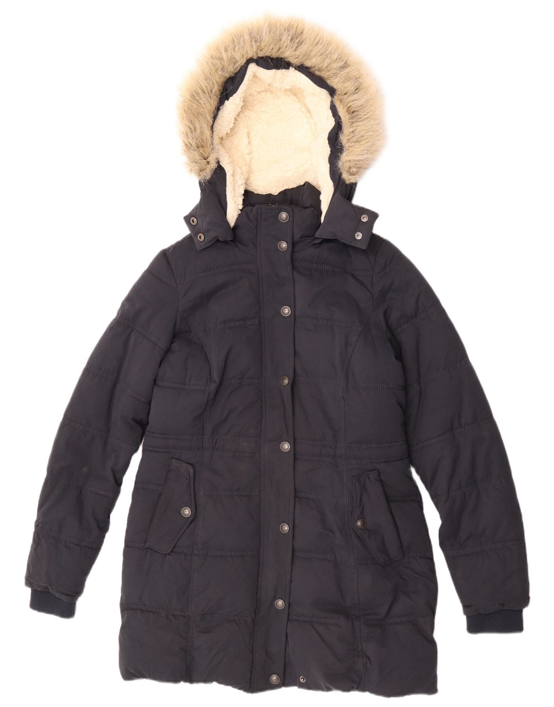 Fat Face Womens Hooded Sherpa Padded Coat UK 8 Small  Navy Blue Polyester