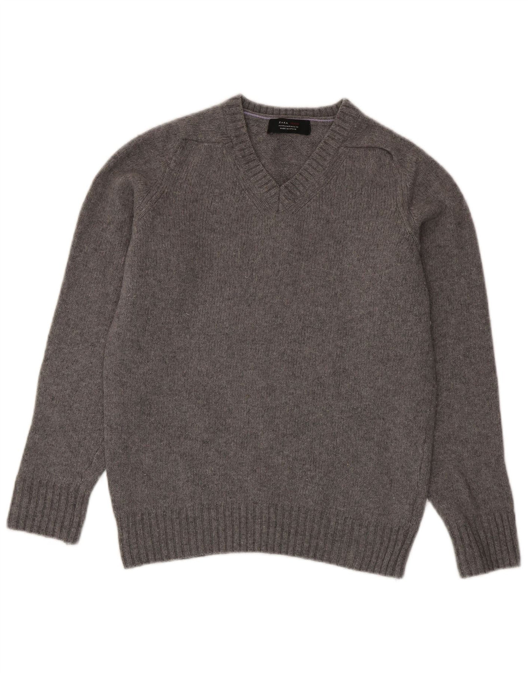 Zara Mens V-Neck Jumper Sweater Medium Grey Wool