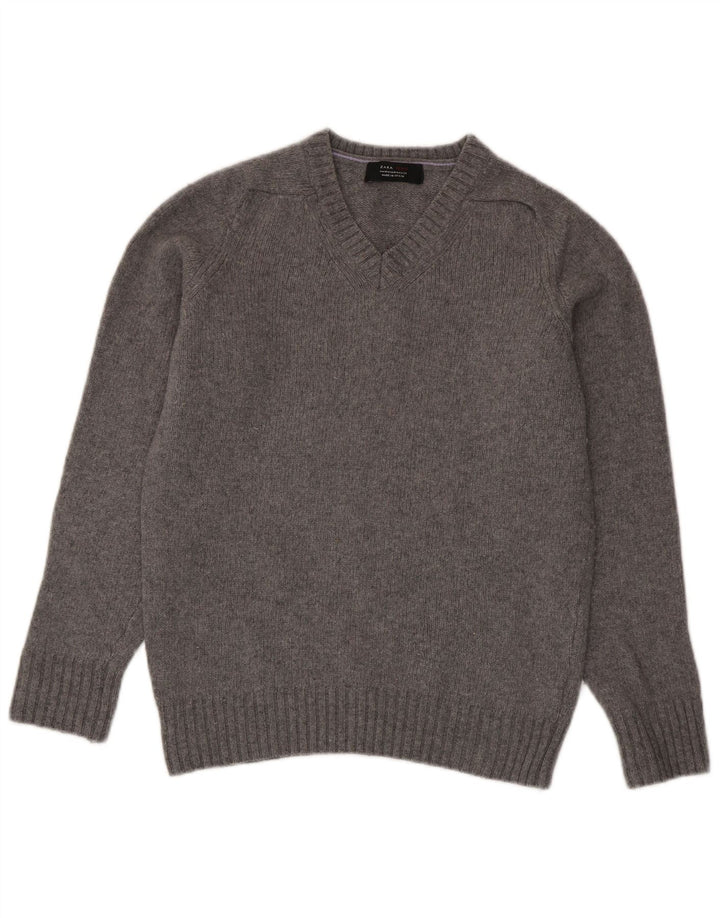 Zara Mens V-Neck Jumper Sweater Medium Grey Wool