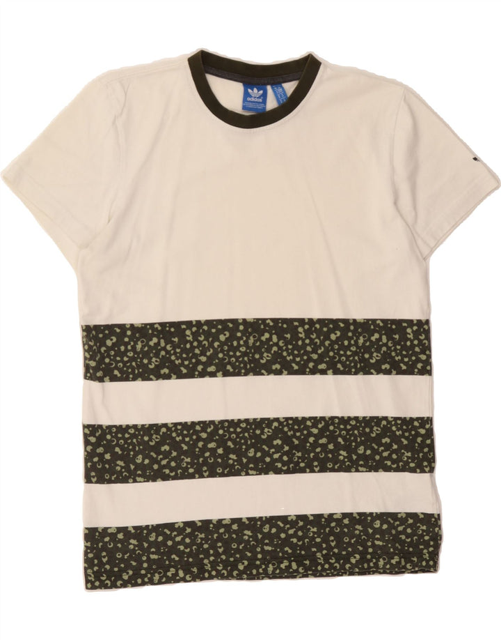 ADIDAS Mens Graphic T-Shirt Top Medium White Striped Cotton Vintage Adidas and Second-Hand Adidas from Messina Hembry 
